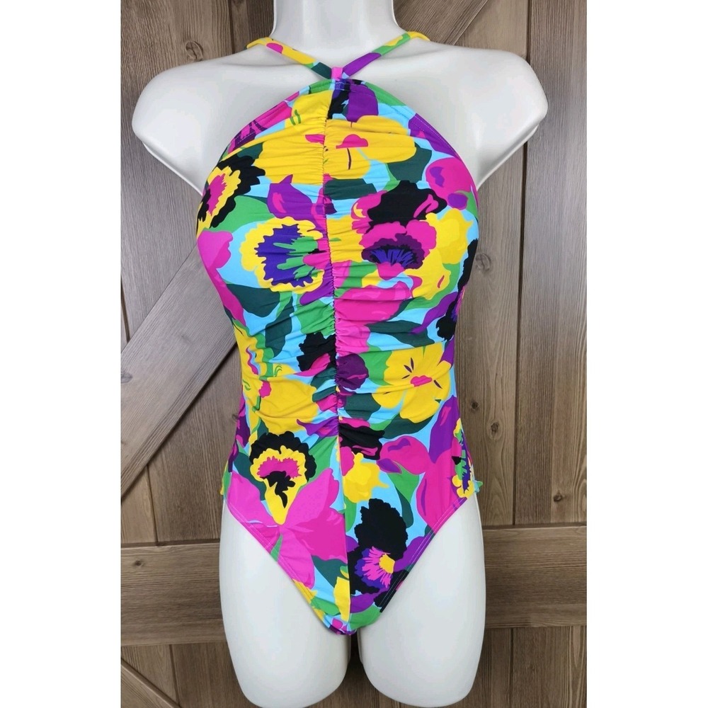 Kate‎ Spade New York Floral Halter One Piece Swimsuit Ruched Front Multicolor